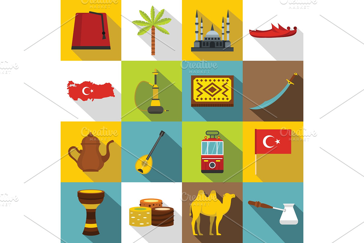 Turkey travel icons set, flat style in Illustrations - product preview 8