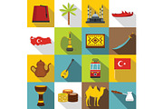Turkey travel icons set, flat style