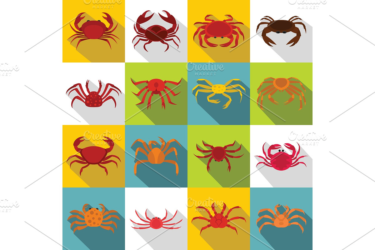 Various crab icons set, flat style in Illustrations - product preview 8