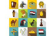 Egypt travel items icons set, flat
