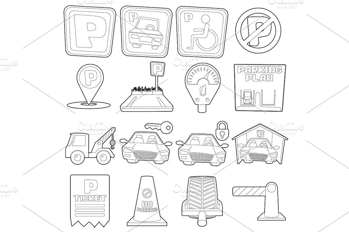 Parking icons set, cartoon outline in Illustrations - product preview 8