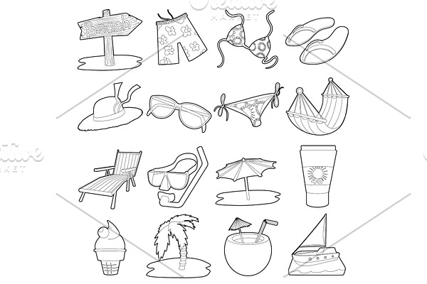 Sea rest icons set, cartoon outline