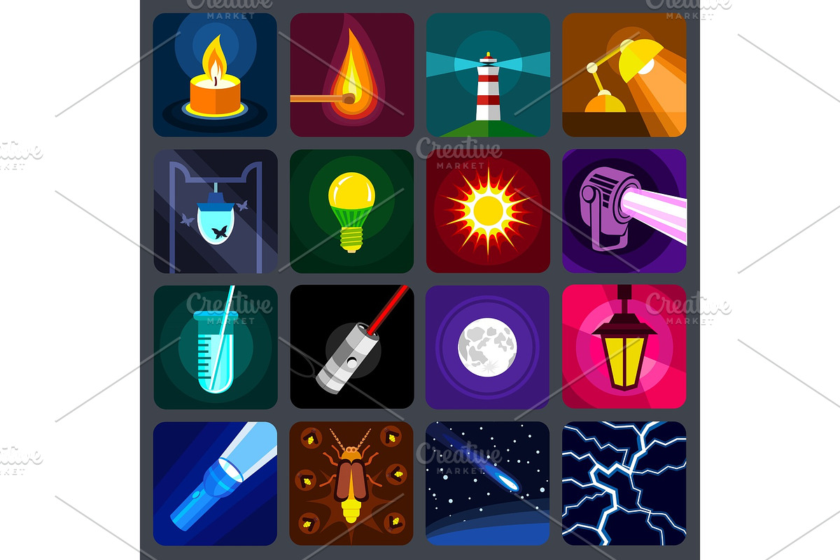 Light source icons set, flat style in Illustrations - product preview 8