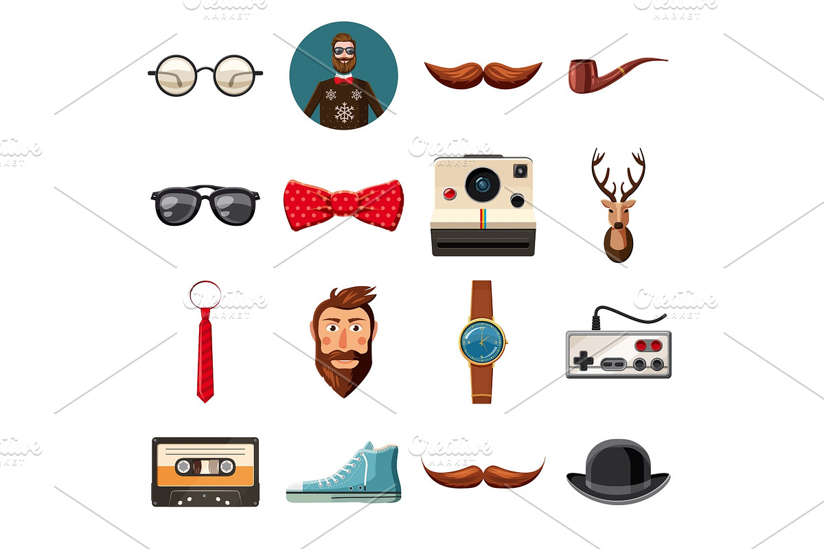 Hipster items icons set, cartoon in Illustrations - product preview 8