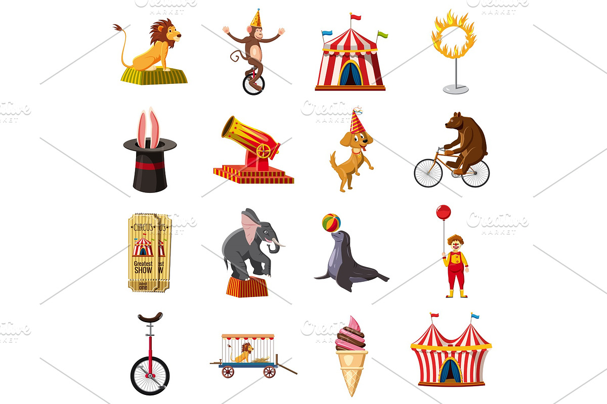 Circus symbols icons set, cartoon in Illustrations - product preview 8