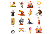 Circus symbols icons set, cartoon