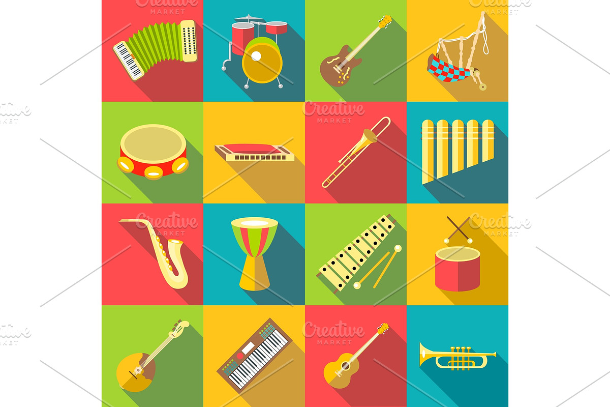 Musical instruments color icons set in Objects - product preview 8