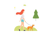Young Woman Walking with Her Dog in