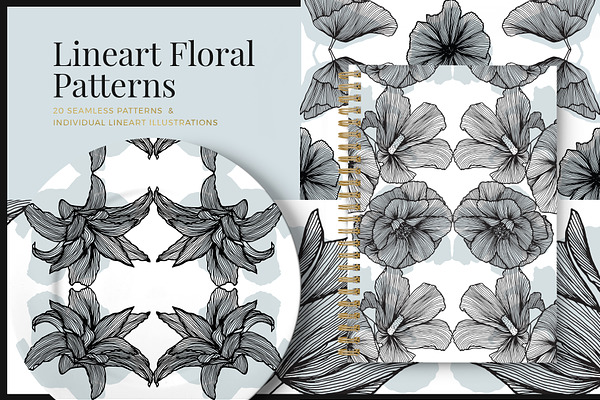 Lineart Floral Patterns & Elements