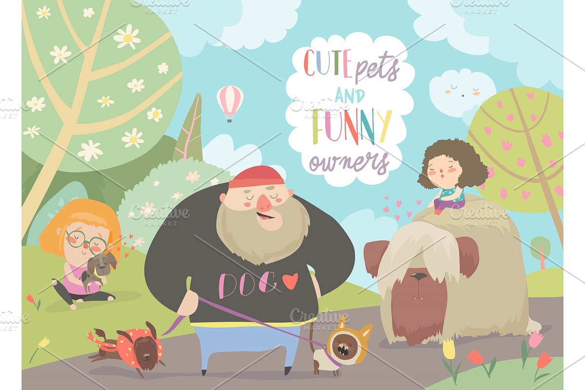 Funny owners walking with their cute in Illustrations - product preview 8