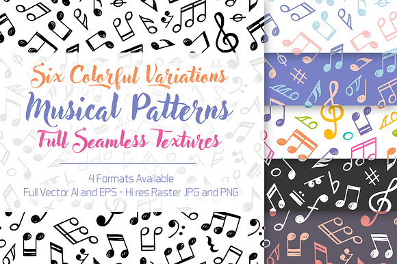 Pack of Six Vector Music Patterns in Textures - product preview 1