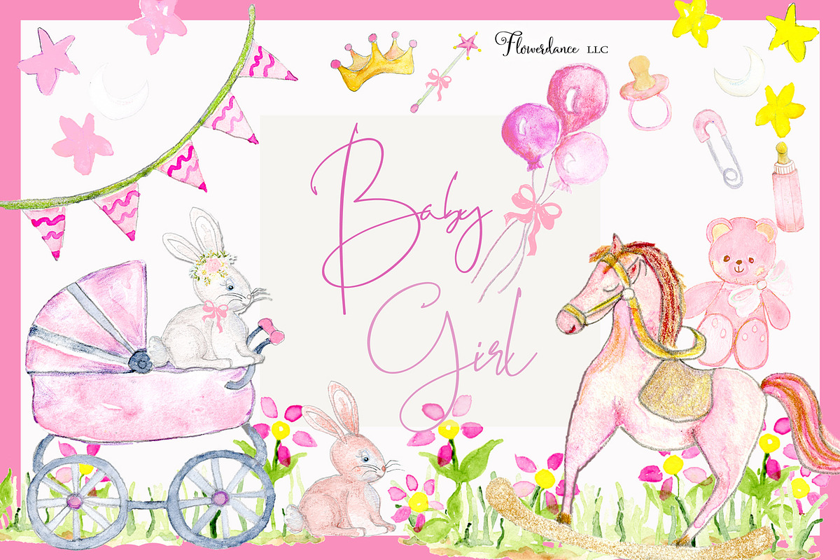 Girl Baby Shower Clipart | Pink Baby in Illustrations - product preview 8