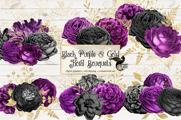Black Purple & Gold Floral Clipart