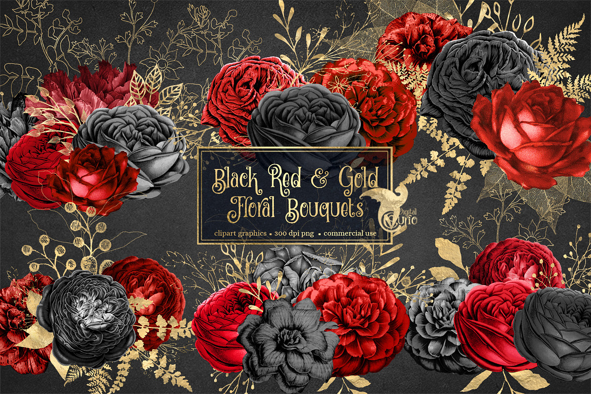 Black Red & Gold Floral Bouquets in Illustrations - product preview 8