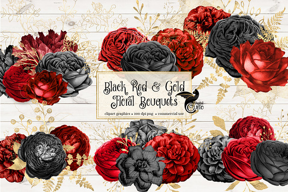 Black Red & Gold Floral Bouquets in Illustrations - product preview 1