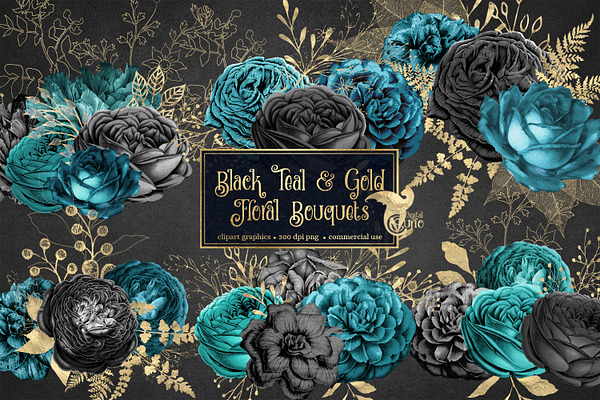 Black Teal & Gold Floral Bouquets