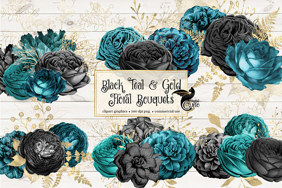 Black Teal & Gold Floral Bouquets in Illustrations - product preview 1