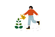 Girl Watering Plant with Watering