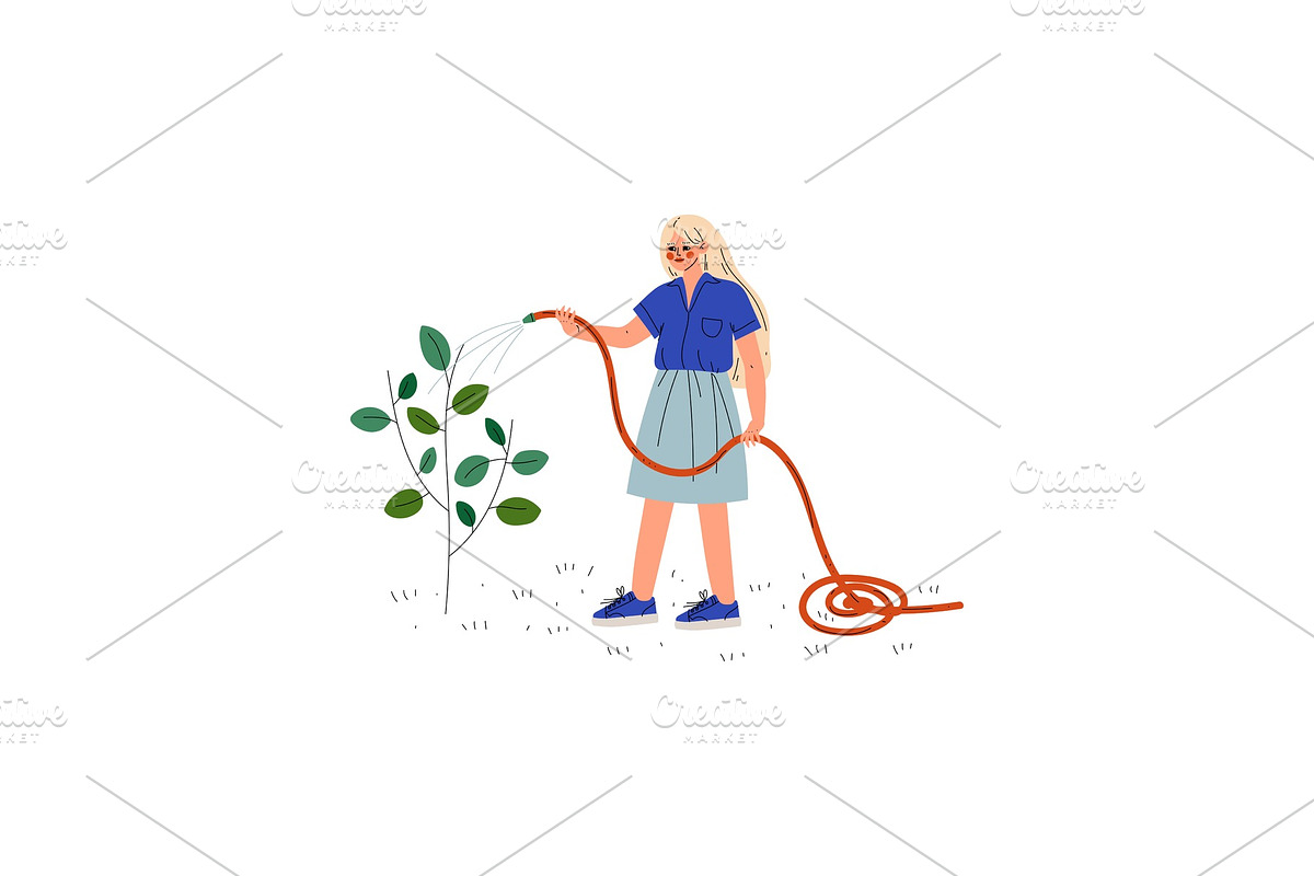 Girl Watering Plants with Hose in Illustrations - product preview 8