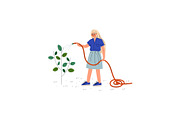 Girl Watering Plants with Hose