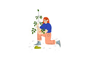 Girl Planting Tree, Boy Working in