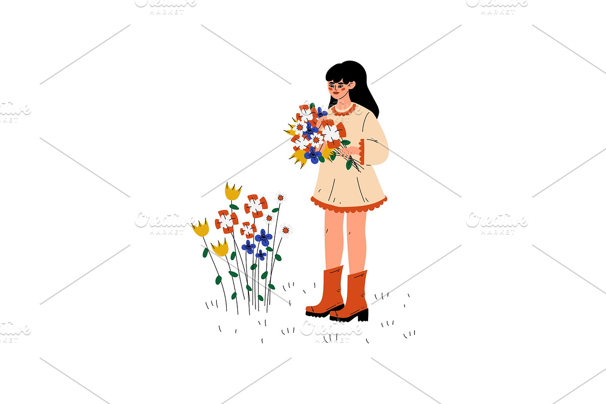 Young Woman Picking Up Flowers in Illustrations - product preview 8