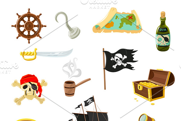Pirate accessories flat icons 
