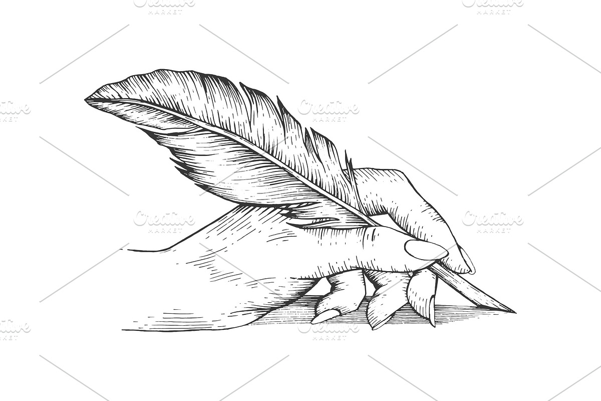 Hand with pen feather engraving in Illustrations - product preview 8
