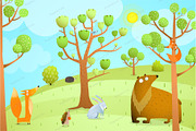 Forest Summer landscape with animals