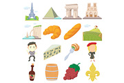 France travel icons set, cartoon