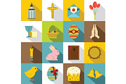 Easter items icons set, flat style