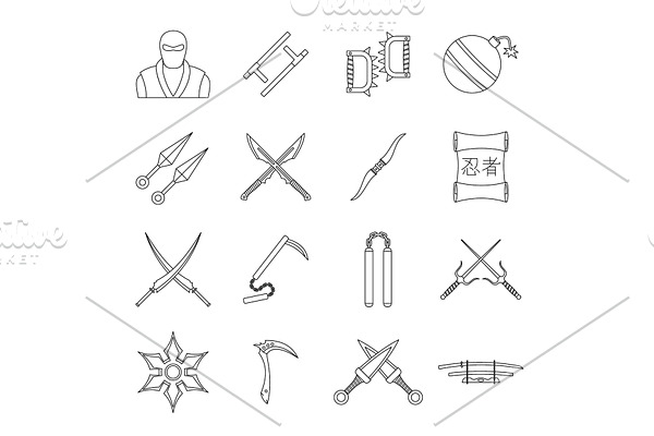 Ninja tools icons set, outline style