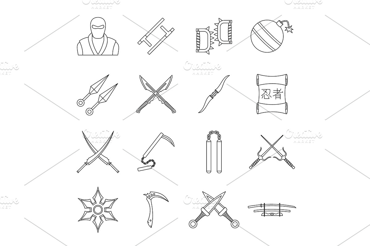 Ninja tools icons set, outline style in Illustrations - product preview 8