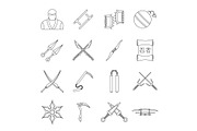 Ninja tools icons set, outline style