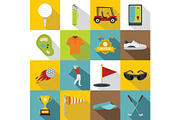 Golf items icons set, flat style