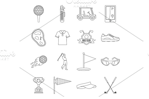 Golf items icons set, outline style
