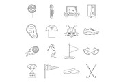 Golf items icons set, outline style
