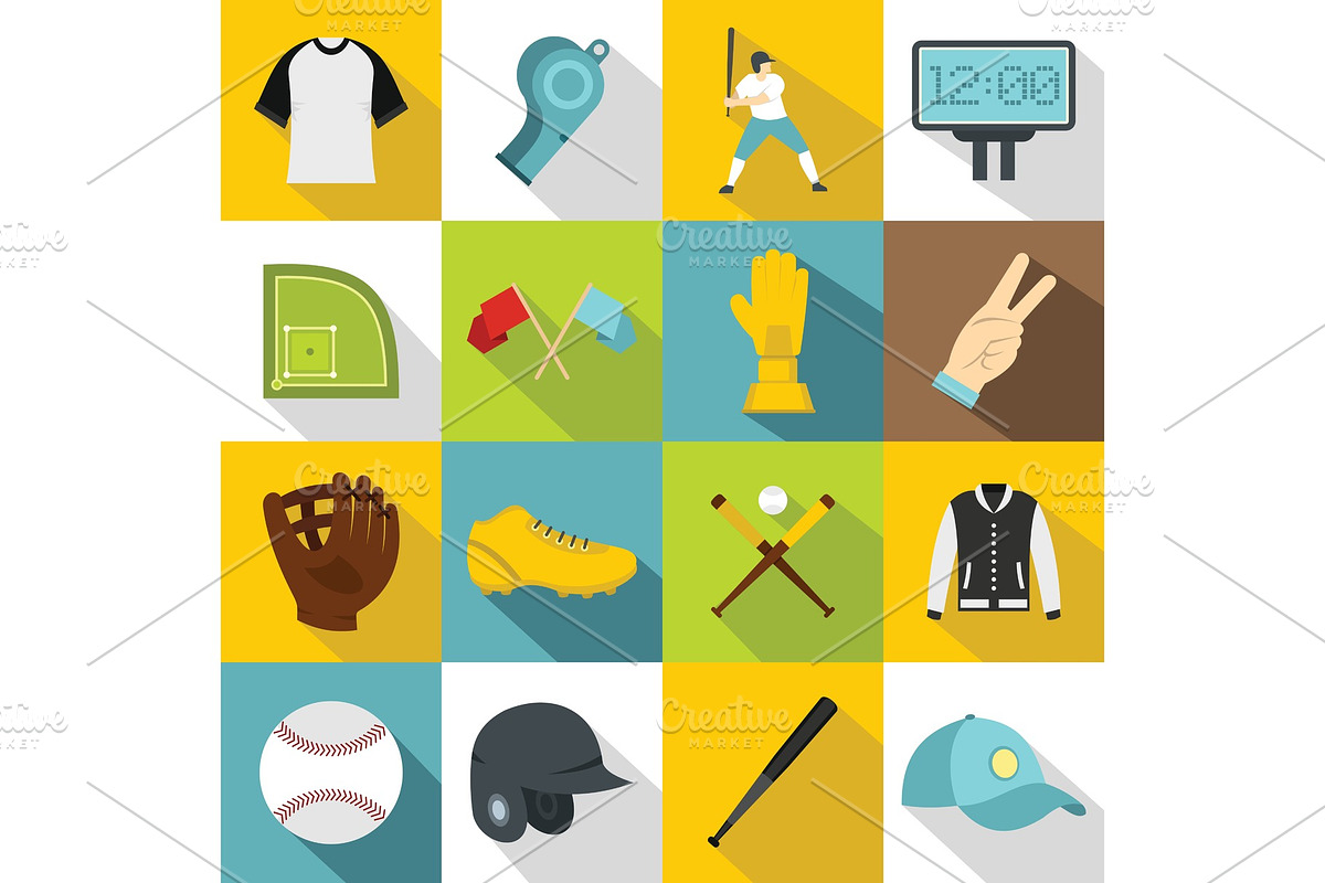 Baseball icons set, flat style in Illustrations - product preview 8