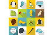 Baseball icons set, flat style