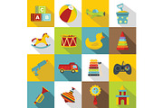 Different kids toys icons set, flat