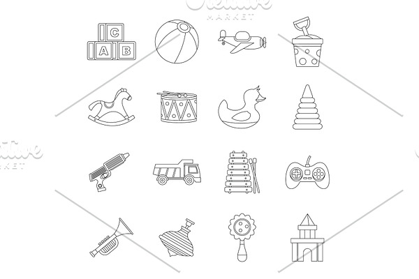 Different kids toys icons set