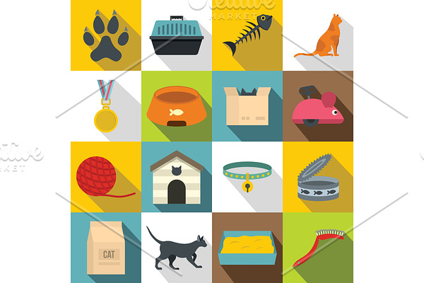 Cat care tools icons set, flat style