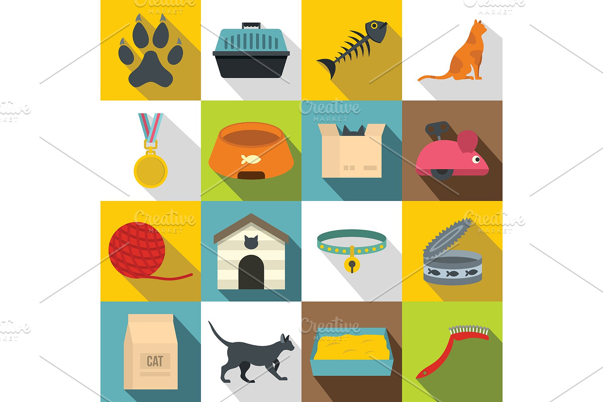 Cat care tools icons set, flat style in Illustrations - product preview 8