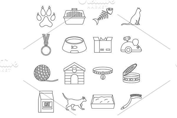 Cat care tools icons set, outline