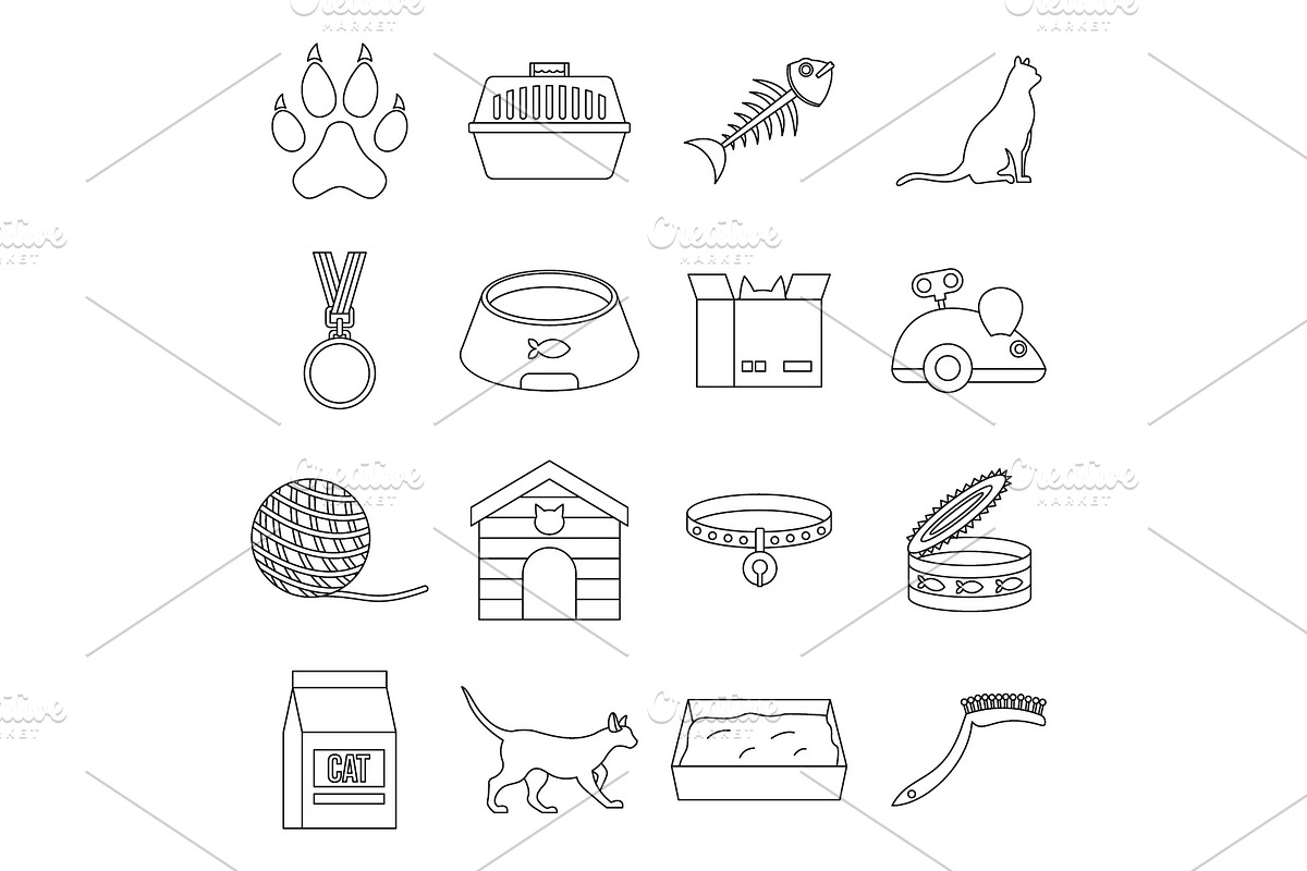 Cat care tools icons set, outline in Illustrations - product preview 8