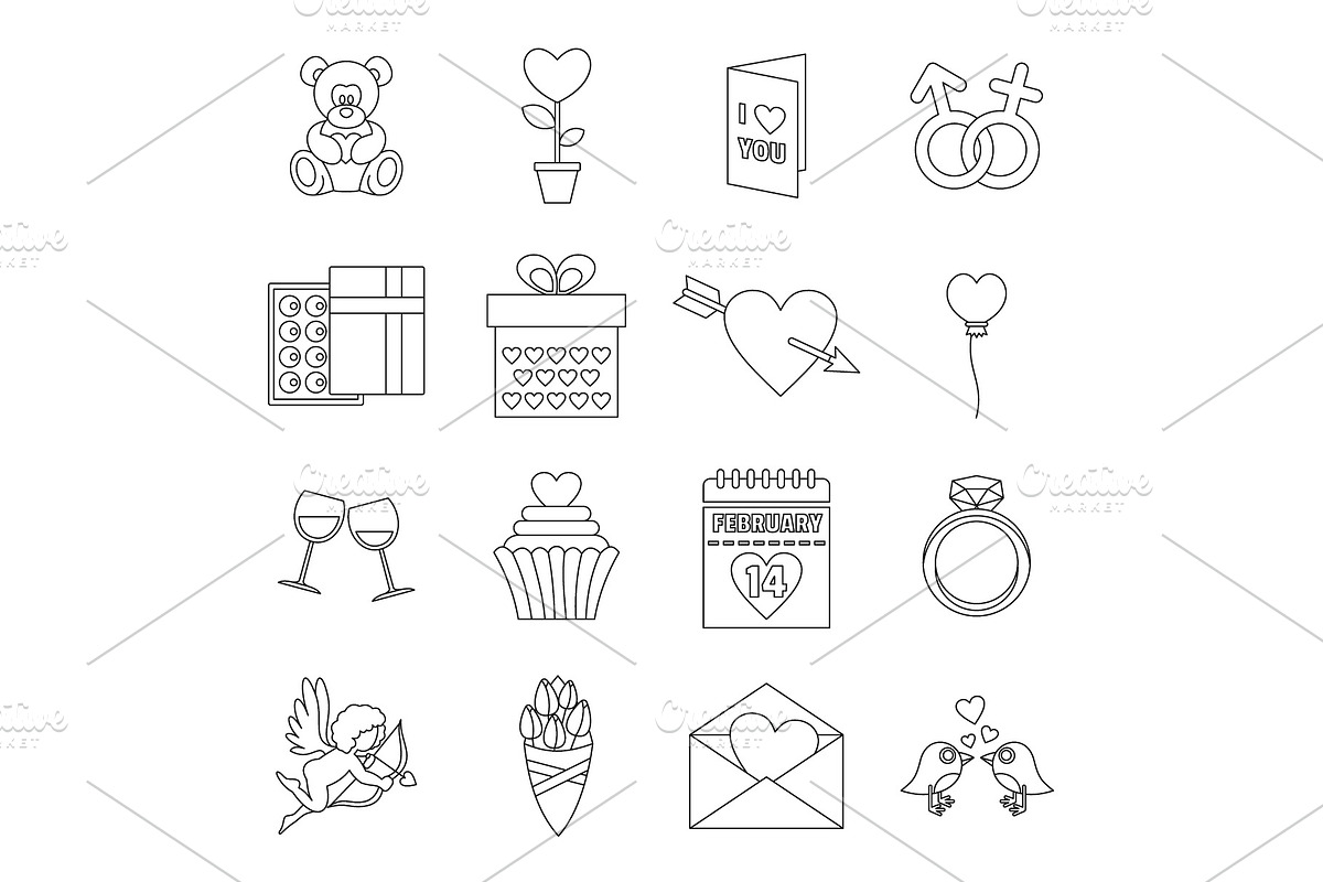 Saint Valentine icons set, outline in Illustrations - product preview 8