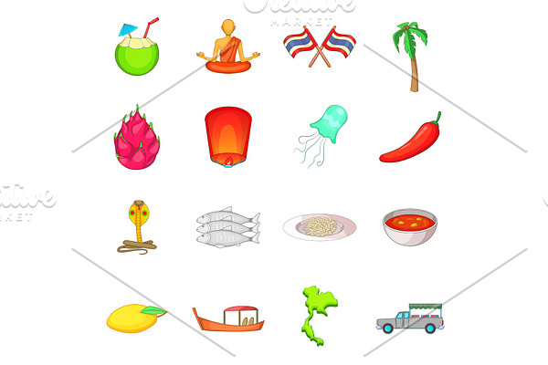 Thailand symbols icons set, cartoon