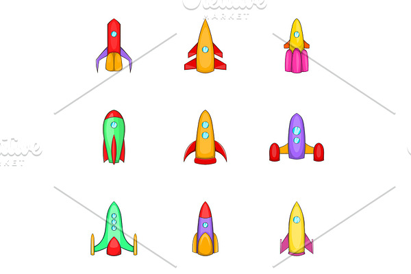 Rocket icons set, cartoon style