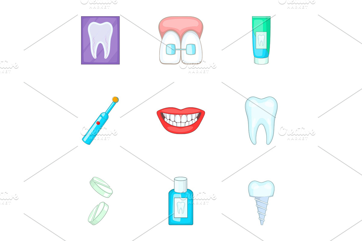 Dentist equipment icons set, cartoon in Objects - product preview 8
