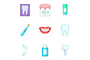 Dentist equipment icons set, cartoon